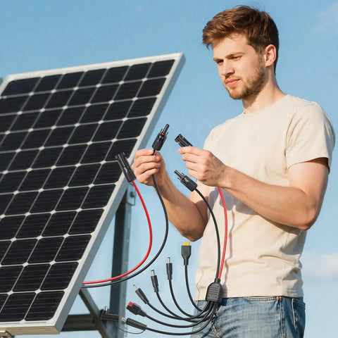 Man connecting All-In-One 7-In-1 Solar Panel Adapter Kit With 3.6 Ft 12AWG MC4 Cable To DC 8mm XT60 And Anderson Connectors to a solar panel.