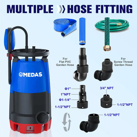 1HP 750W Heavy Duty Submersible Sump Pump with hose fittings for clean dirty water modes and easy drainage setup