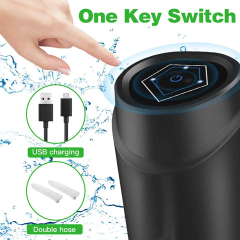 Portable 5 Gallon Electric Water Dispenser With USB Rechargeable Pump, showing power button and USB charging with double hose option.