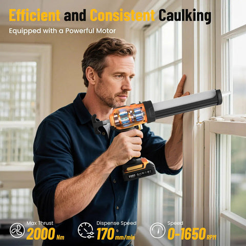 Man using Cordless Caulking Gun With Two 2000mAh Batteries 4 Adjustable Speeds LED Light 10oz Cartridge Gun on window frame