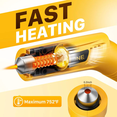 Mini Cordless Heat Gun With Four Temperature Settings Up To 752 F USB Rechargeable Hot Air Tool showing heating element in use.