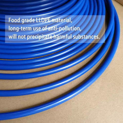 Close-up of flexible blue Quarter Inch Polyethylene Tubing for RO Water Systems coiled on surface