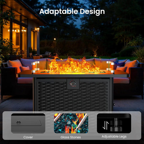 43 Inch Rectangular Propane Fire Pit Table With 60,000 BTU Heat For Backyard Hangouts, lit with flames and glass stones