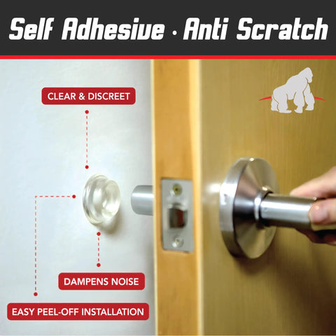 Wall Shield Door Bumpers Set Of Four, Clear Self Adhesive Rubber Cushions protecting wall from doorknob impact, easy install.