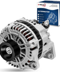 Front view of High Output 110 Amp Alternator Replacement For Nissan Frontier Pathfinder And Xterra 2005 2006 2007 Direct Fit 12V CW 7 Groove OE Style Boost For Your 4L V6 Easy Install Reliable Charging with packaging box.