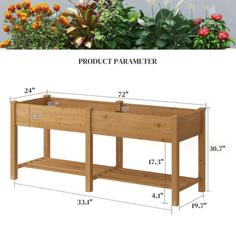 Diagram of Wooden Raised Garden Bed With Legs And Two Tiers, Heavy Duty Planter Box For Backyard Patio Balcony, dimensions shown.