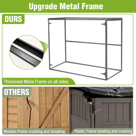 Outdoor Storage Shed With Sturdy Metal Frame And Wood Panels Weatherproof Trash Can Shed frame comparison with wooden and plastic frames.
