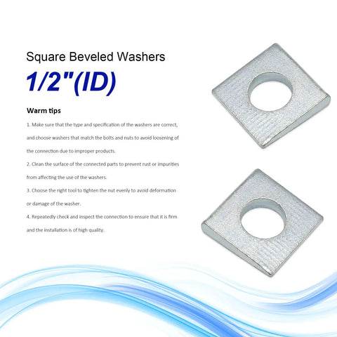 10 Pack 1/2 Inch Beveled Square Washers Steel Wedge Fasteners with metal surface for secure anchoring.