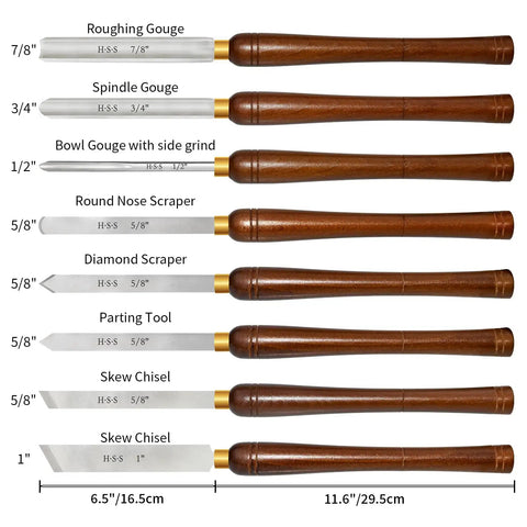 8 Piece M2 HSS Wood Lathe Chisel Set with Roughing Gouge, Spindle Gouge, Bowl Gouge, and more, each with long handle and M2 HSS blades