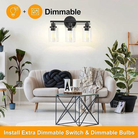 Sleek Dope Modern 3 Light Matte Black Vanity Light With Clear Glass Shades For Bathroom Mirror Wall Sconce Indoor Use