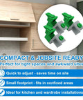 Slick Adjustable Scribe Jig And No Fuss Clamp Tool For Kitchen Cabinet Fillers and Wardrobe Carcasses featuring green clamps on a wooden background.