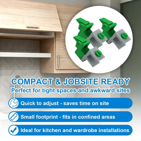 Slick Adjustable Scribe Jig And No Fuss Clamp Tool For Kitchen Cabinet Fillers and Wardrobe Carcasses featuring green clamps on a wooden background.