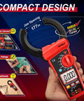 Hand holding 6000 Count Digital Clamp Meter With True RMS, showing compact design and functionality.