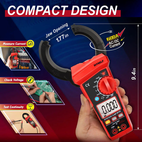 Hand holding 6000 Count Digital Clamp Meter With True RMS, showing compact design and functionality.
