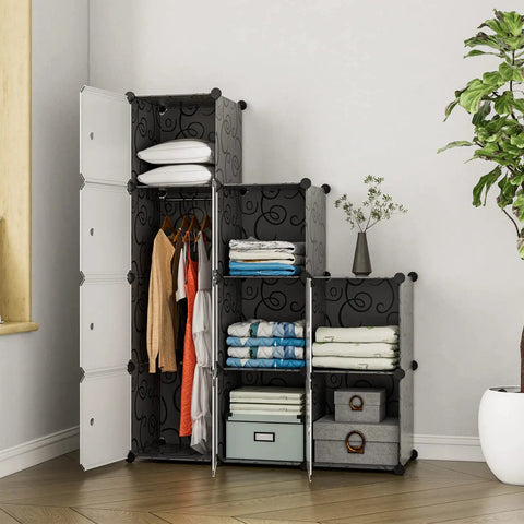 Nine Cube Portable Closet Wardrobe with Doors Space Saver Storage Organizer for Clothes Shoes and More, black plastic cubby layout