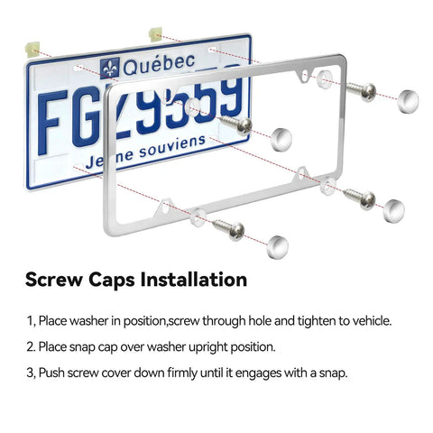 Set Of Two Four Hole License Plate Frames In Slim Stainless Steel With A Polished Mirror Finish And Chrome Screw Caps installation