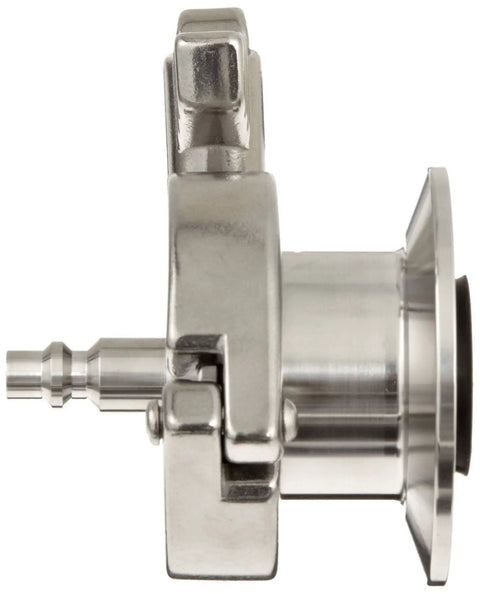 Side view of Sanitary Air Blow Check Valve in 316L Stainless Steel, 2 Inch Tube OD Quick Disconnect fitting, showing clamp mechanism.