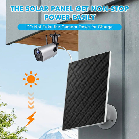 Outdoor Solar Panel Charger For Security Cameras, 5W Solar Panel Kit With Micro USB And USB C Adapters, mounted on building
