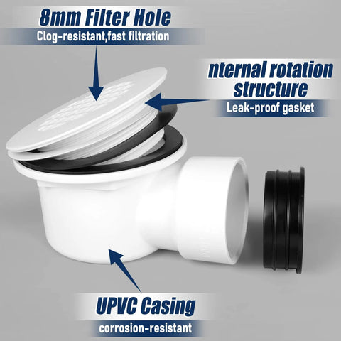 Slick Low Profile Side Outlet Shower Drain With Heavy Duty Perforated Strainer For Vanishing Tile Showers And Thin Flooring showing 8mm filter hole and UPVC casing.