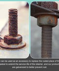 Rusty bolts with flat washers, used in heavy duty construction and industrial equipment, requiring replacement for rust prevention.