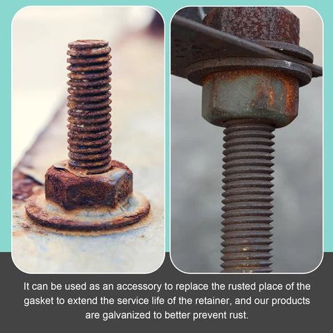 Rusty bolts with flat washers, used in heavy duty construction and industrial equipment, requiring replacement for rust prevention.