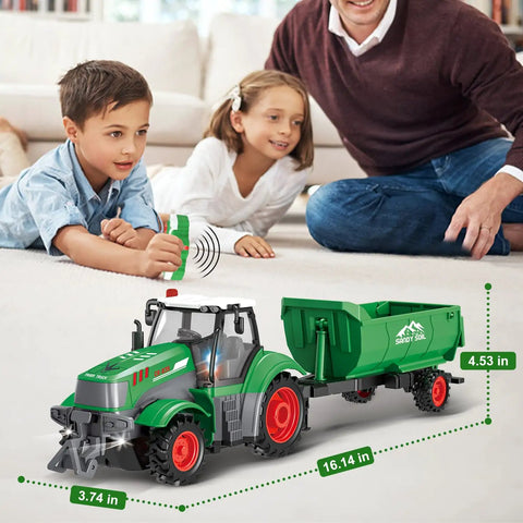Children playing with Remote Control Tractor Toy Set With One Twenty Fourth Scale Farm Vehicle Playset 2.4GHz RC Tractor Dump Trailer