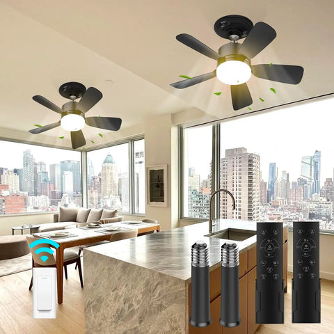 Lit Seventeen Point Five Inch Ceiling Fan Light With Remote 25W 1600 Lumens in modern kitchen and living room