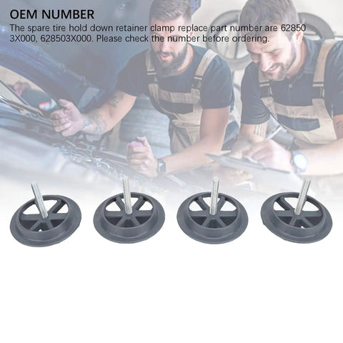 Spare Tire Hold Down Bolt Retainer Clamp Kit For Forte Koup Forte5 And Forte 2013 To 2023 4 Pack displayed with mechanics in background