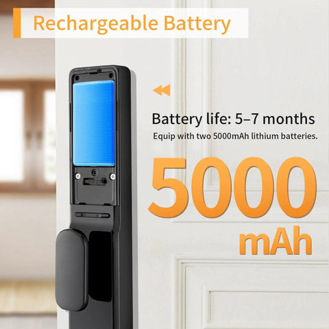 Hella Easy Keyless Entry Setup Featuring Video Doorbell Camera Smart Deadbolt with blue LED indicator and rechargeable batteries.