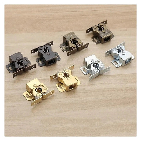 Cool 10 Pack Cabinet Latch Catches With Built-in Spring Auto Locks To Secure Wardrobes Cupboards And Kitchen Drawers on a wood surface.