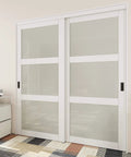 Frosted Glass Sliding Closet Door Kit With Hardware, 72 By 80 Inches, Double Barn Doors, Three Panel Tempered Glass, White Finish