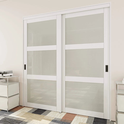 Frosted Glass Sliding Closet Door Kit With Hardware, 72 By 80 Inches, Double Barn Doors, Three Panel Tempered Glass, White Finish