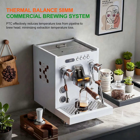 All In One Hot And Cold Milk Frother Steamer With 2850W Power 15 Bar Pressure And 58mm Group Head in a café setting.