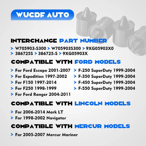 Compatibility chart with Ford, Lincoln, Mercury models for Beefy Exterior Rubber Bumper Stop Cushions 4-Piece 16.5mm Replacement Kit