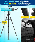 90mm Refractor Telescope with 133cm tripod for beginners, showing height comparison and stability features.