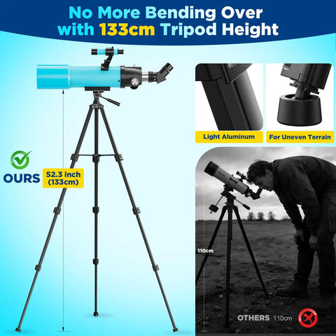 90mm Refractor Telescope with 133cm tripod for beginners, showing height comparison and stability features.