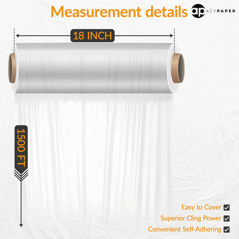 Badass Heavy Duty Stretch Wrap 18 Inch Clear Packing Film 1200 Feet Long 4 Rolls Industrial Grade 80 Gauge with measurement details.
