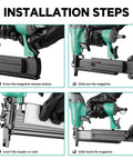 Installation steps for Rock Solid 18 Gauge Pneumatic Brad Nailer and 2 In 1 Air Staple Gun with magazine adjustments.
