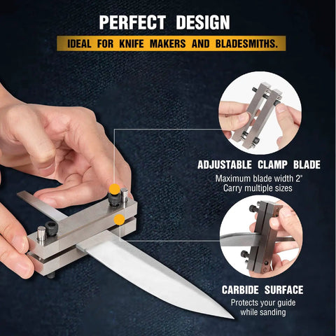 Pro Grade Multifunction Knife Making File Guide with carbide surface clamped on a blade for squaring hidden tang shoulders.