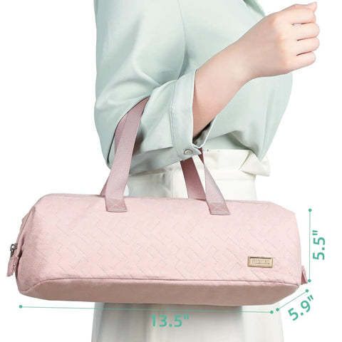 Travel Hair Tools Case And Organizer For Airwrap And Dryer Attachments Portable Pink Storage Bag shown being carried by a woman.