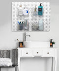 Sweet 4 Piece Pegboard Bins Set With Metal Hooks For Garage Organization Clear Plastic Bins mounted above a sink area