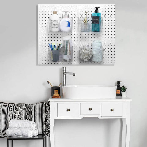 Sweet 4 Piece Pegboard Bins Set With Metal Hooks For Garage Organization Clear Plastic Bins mounted above a sink area