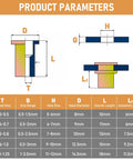 Diagram showing dimensions and sizes of rivnuts in the Rivet Nut Tool Kit With 490Pcs Metric Rivnuts Set Hand Setter And 10 Mandrels.
