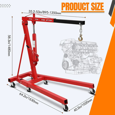 Heavy Duty Hydraulic Engine Hoist Cherry Picker 4400 Lbs Capacity Folding Crane Lifter with dimensions and features shown.