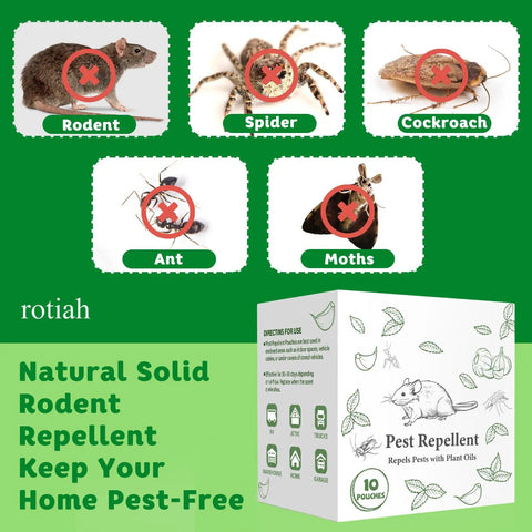 Natural Peppermint Oil Rodent Repellent Pouches Pet Safe Pest Control For Mice Rats Roaches Spiders Indoor Outdoor Humane Deterrent 10 Pack displayed with pest images.