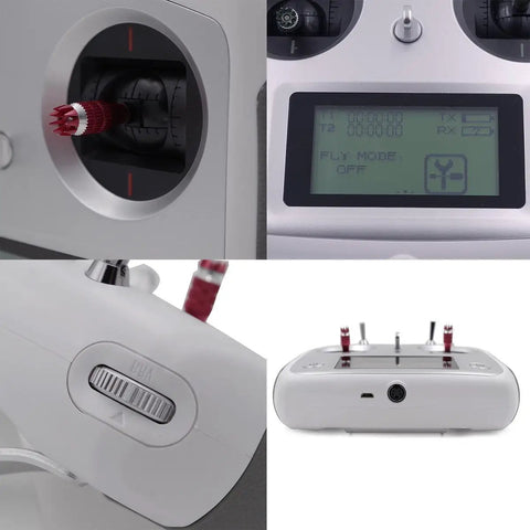 2.4GHz 10CH RC Transmitter With AFHDS 2A Digital Proportional System 3 Inch Touchscreen Self Centering Throttle Left Throttle Option Includes IA6B Receiver Unique ID Low Voltage Alarm Online Software Updates For FPV Drone Multicopter close-up of controls and display screen