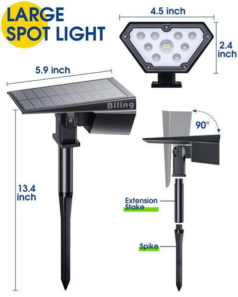 Dimensions and design of Solar Spotlight Outdoor Lights 700 Lumen IP67 Waterproof Adjustable 6 Pack with solar panel and LED bulbs.