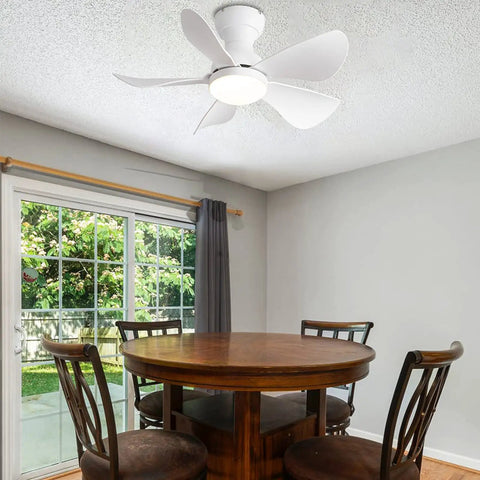 Tiny Ceiling Fan With Lights And Remote, Flush Mount, Low Profile 30 Inch, 5 Reversible Blades, in dining area with window view