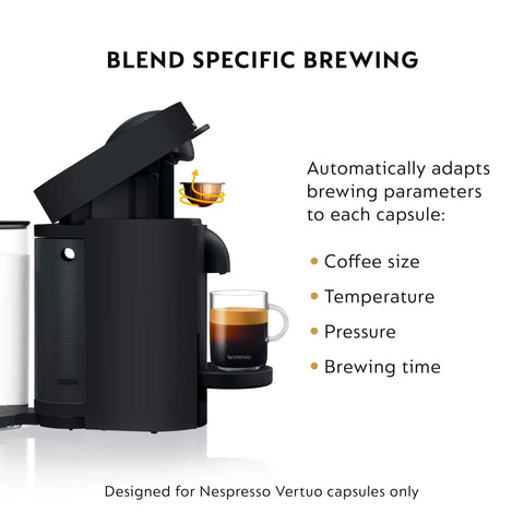 Vertuo Plus Deluxe Coffee And Espresso Maker By De'Longhi In Matte Black showing side view with capsule and brewed coffee