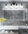 Black Crystal Vanity Light Fixtures For Bathroom Four Light Crystal Wall Sconce Above Modern Mirror in Luxurious Setting